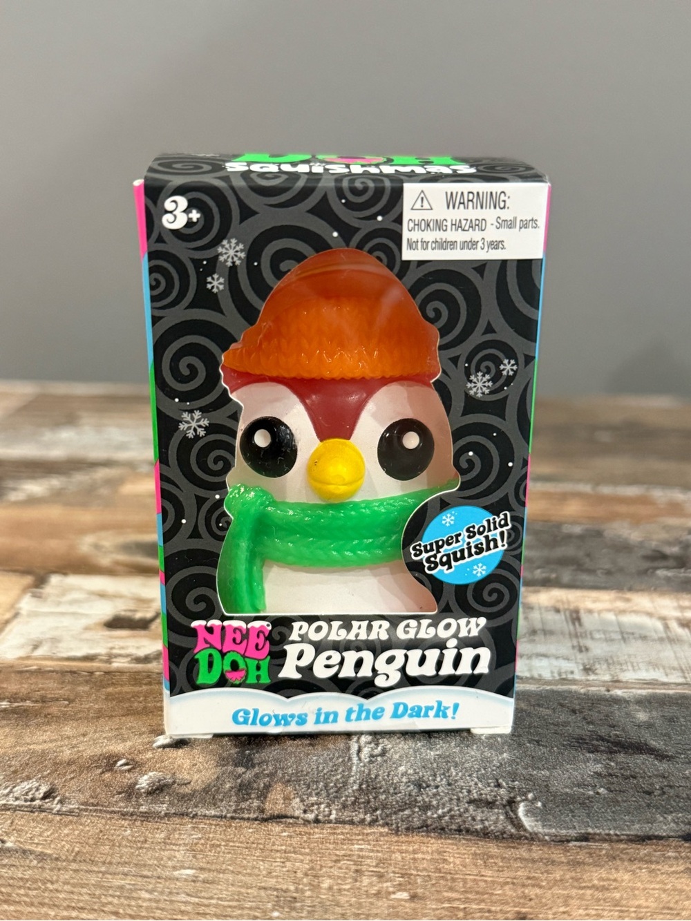 RARE HOT ITEM! Needoh Polar Glow Penguin Squishy Toy - Orange Hat, Green Scarf